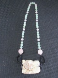 Beautiful Green/Pink Jade Bead Necklace w/ Curved Woman w/ Koi Fish Large Pendant