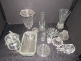Glass Lot - Candle Holders, Raised Compote, Pyrex Dish, Tall Vases, Etc.