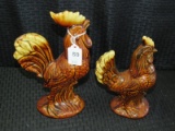 Pair - Brown Glazed Pottery Roosters 10