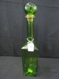 Tall Vintage Green Glass Décor Decanter Bottle Bead Trim w/ Stopper