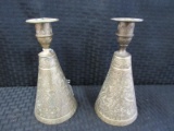 Pair - Hand Beaten/Carved Floral Candle Holders w/ Bells Base