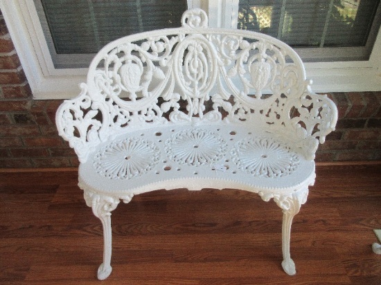 Stupendous Antique French Victorian Style Painted Cast Iron Cameo Garden Settee Patio Bench