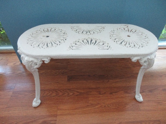 Epic Antique French Victorian Style Painted Cast Iron Cameo Garden Oblong Patio Coffee Table