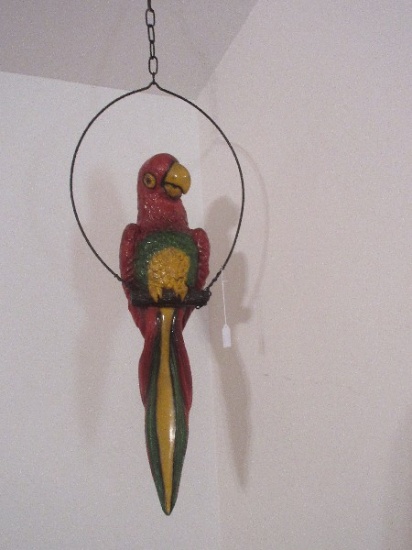 Vintage Colorful Resin Perched Red Macaw Parrot 26 1/2" Polly on Swing