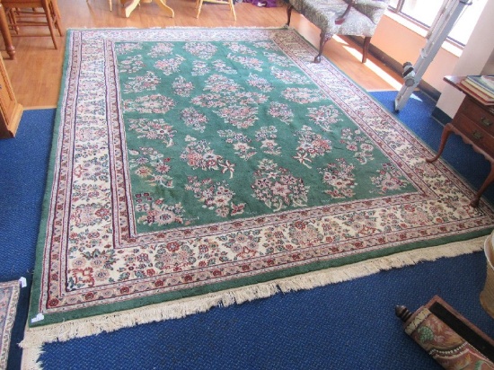 Ornate Floral Pattern/Colorful Band Green Floor Rug w/ Fringe "Star of India" 100% Wool Pile