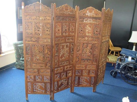Antique/Vintage Mid/Late 1800's Wooden 4 Panel Divider Indian Animal/Tree Pattern Design