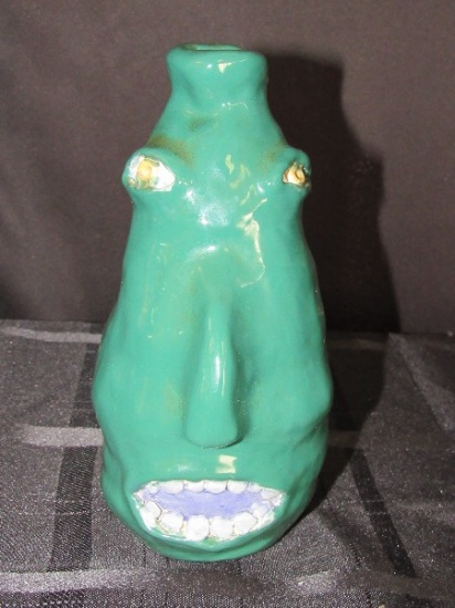 Very Unusual Green Ceramic Ugly Face Vase/Jar Green