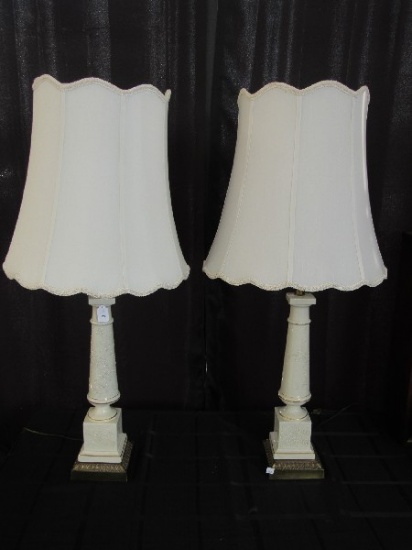 Twin Pair - White Ceramic/Gilted Trim Lamps Brass Leaf Trim Base, Floral Scallion