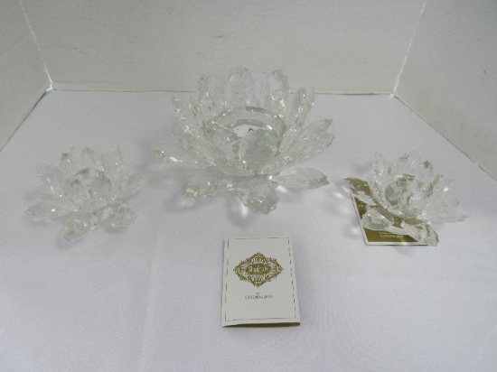 3 Shannon Crystal by Godinger Candle Holder 2 Candles, 1 Votive Lotus/Floral Design