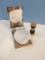 Vintage Travel Shaving Kit w/ Flip Top Mirror, Fire King Milk Glass 6oz. Bowl
