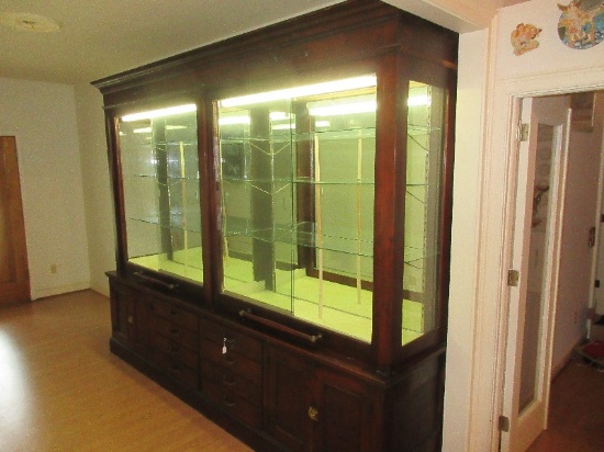 Rare Find Early Mercantile Store Vitrine Lighted Display Case Mirrored Back, Glass Shelves