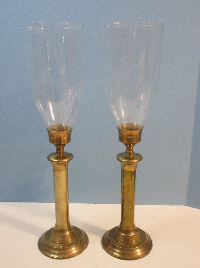 Pair - Hosley International Solid Brass Column Candlesticks w/ Glass Hurricane Shades