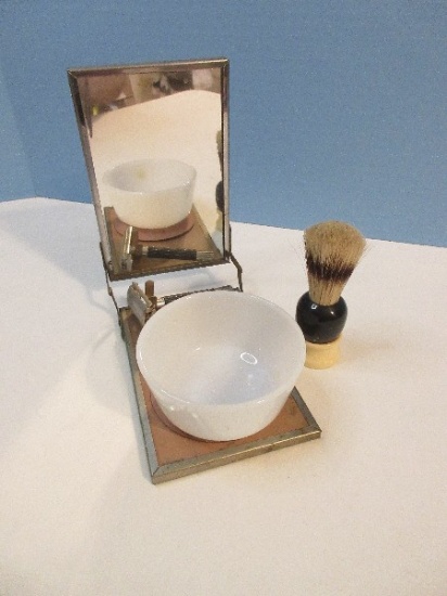 Vintage Travel Shaving Kit w/ Flip Top Mirror, Fire King Milk Glass 6oz. Bowl