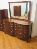 Dixie Furniture Georgian Style Mahogany Double Bow Front Dresser w/ Attached Framed Mirror