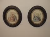 Pair - Godey Girls Victorian Fashions Fine Art Prints in Oval Plaster Simulated Wood Grain
