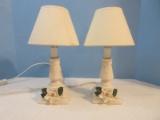 Pair - Southern Cottage Style Adorned Magnolia Flower Foliage Candlestick Accent Lamps