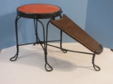 Early Shoe Store Wrought Iron Salesman Fitting Stool w/ Wood Shoe Rest Twisted Legs