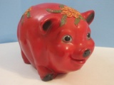 Silvestal Red Ceramic Figure Pig Piggy Bank Relief Flower & Foliage Design