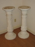 Pair - Classic Molded Grecian Reed Column Plant Stands Raised Acanthus Leaves Trim