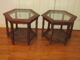Pair - Bassett Furniture Hexagonal Fruitwood End Tables Beveled Glass Insert Top