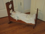 Folk Art Pine Doll Cradle w/ Heart Cutouts & Porcelain Bye-Lo Style Baby in Gown