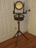 Victorian Era Style Mahogany Shave Stand w/ Round Framed Mirror, Double Candlestick Arms