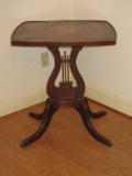 Mahogany Lyre Harp Pedestal Square Top Side Table w/ Paw Cap Feet