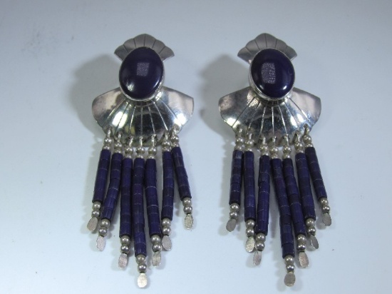 Sterling Silver Dangle Earrings Scallop Design w/ Purple Stone Center/Beads