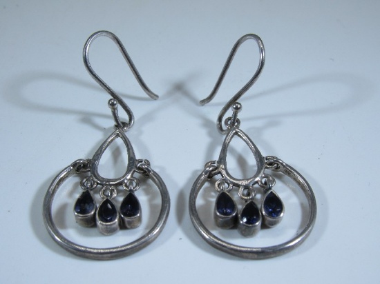 Sterling Silver 3-Stone Lolite Teardrop/Hoop Design Earrings