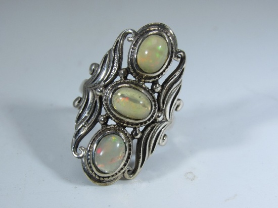 Ornate Scroll Design Ring w/ 3 Oval Opal Stones