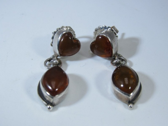 Sterling Silver Pair Heart/Oval Amber Stone Earrings