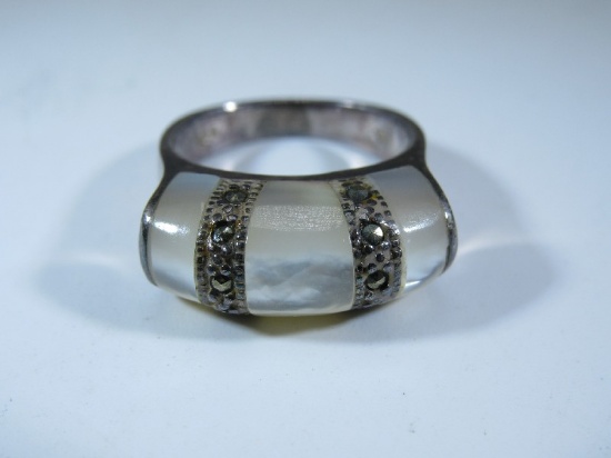 Vintage Sterling Mop & Marcasite Clear Stone Ring