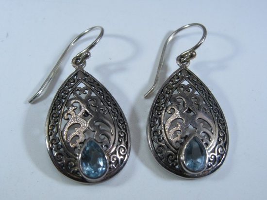Sterling Silver Scroll/Heart Motif Teardrop Aquamarine Stone Earrings