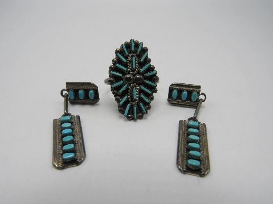 Sterling Silver Ring & Matching Earrings w/ Turquoise Stones Inlay
