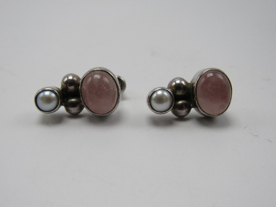 Sterling Pink Quartz Oval Earrings w/ Pearl Top