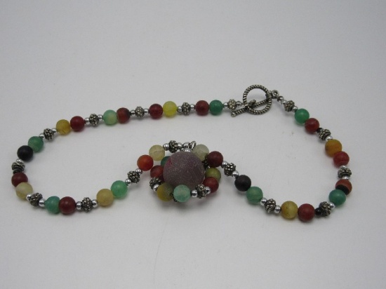 Awesome Colorful Hand Carved Stone Bead Necklace w/ Carved Pink Mineral Globe Center