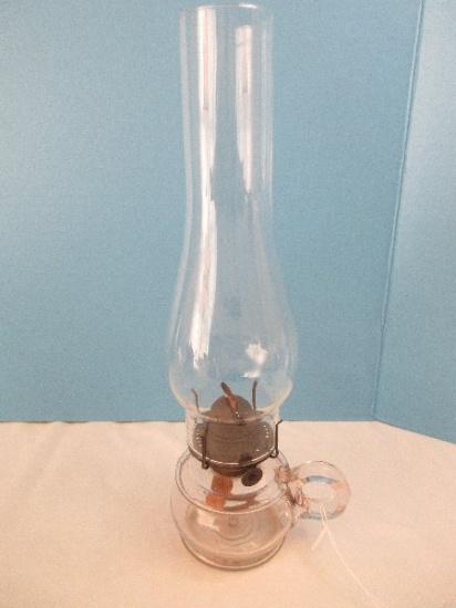 Antique P&A Co. Pressed Glass Chamber Oil Lamp Finger Hold w/ Burner & Chimney
