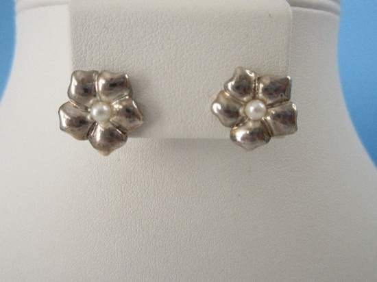 Tiffany & Co. Pair 925 Sterling Flower Pierced Earrings w/ Center Pearl Accent in Box