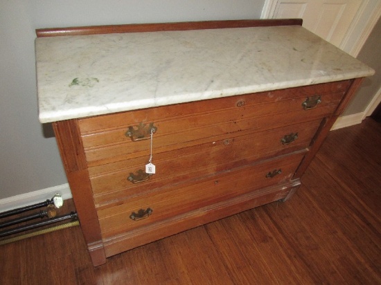 Vintage/Antique Wooden 3 Drawer Cabinet w/ Marble Top, Brass Batwing Pulls
