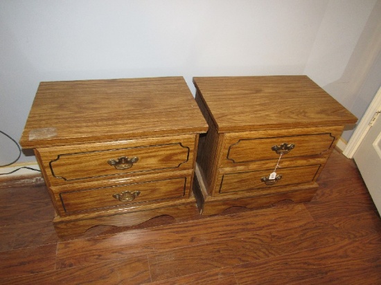 Wooden Pair 2 Drawer Night Stands Sheaf of Wheat Carved Top, Brass Batwing Pulls