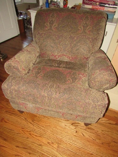 Alan Whit Red Paisley Pattern Upholstered Arm Chair Scallop Wood Front Feet