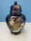 Fred Roberts Co. Porcelain Cobalt Ginger & Lid Pheasants & Floral Design Gilt Accents