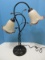 Opulent Hand Blown Glass Double Lilies Opaque White Amber Ruffled Crest Rim Table Lamp