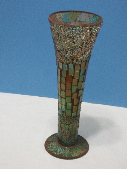 Striking Studio Art Glass 11" Mosaic Blue Footed Trumpet Vase