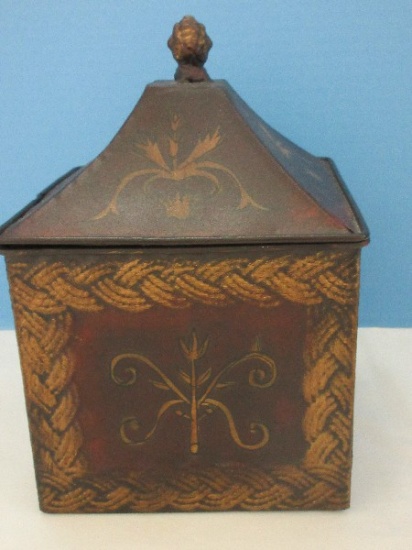 Wilco Imports Inc. Tin Rustic Old World Caddy Box Hand Painted Scroll Foliage