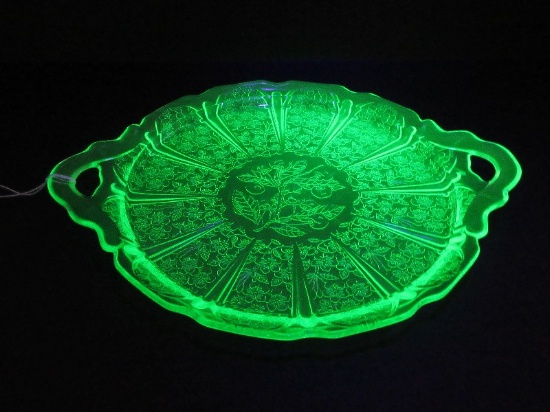 Rare Find Jeanette Cherry Blossom Pattern Green Uranium Depression Glass Handled Tray