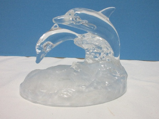 Royal Crystal Pair of Leaping Dolphins on Crest of Wave Figurine