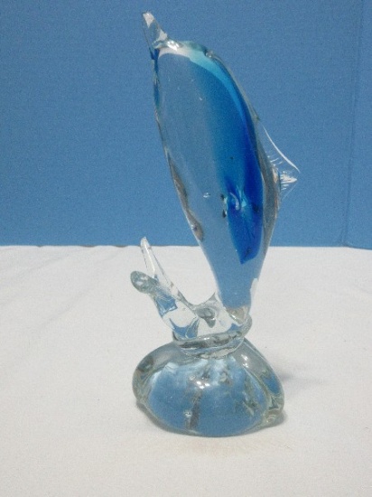 Studio Art Glass Hand Crafted Blue Leaping Dolphin 7" Figurine