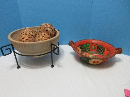 Group - Aztec Style Terracotta Textured Bowl Inset Black Metal Stand Accent Block Squares