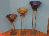 Set - 3 Wrought Iron Lily Figural Gilted Graduating Scale Stands w/ Glass Conical Shape Vase